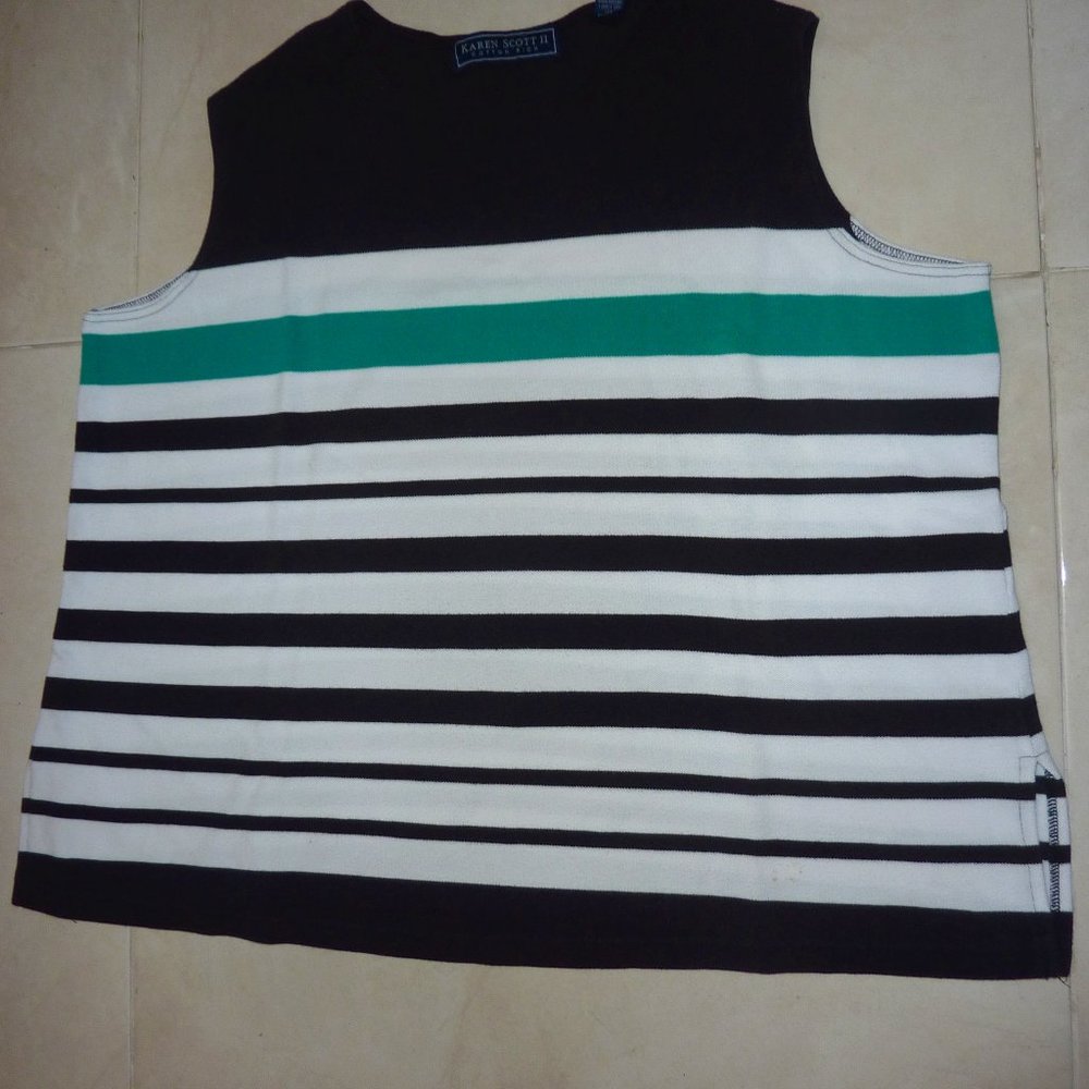 Karen Scott II Shirt Black w/ White Horizontal Stripes  - Size 1X